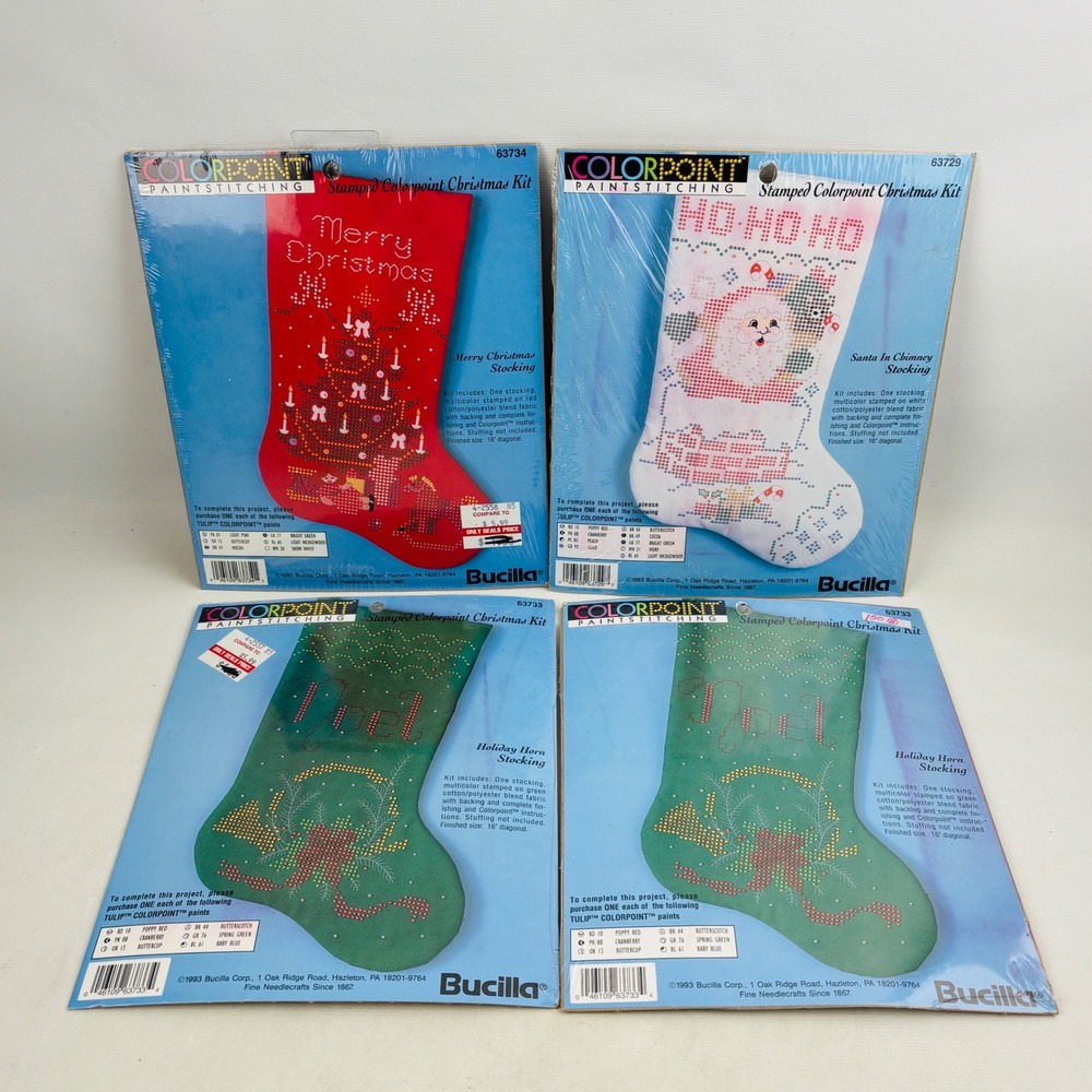 Bucilla Colorpoint Paintstitching Lot of‎ 4 Stamped Christmas Stocking Kits 1993